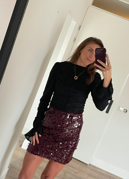 Bordeauxrood paillettenrokje voor feestjes en feestdagen - By LIV Fashion