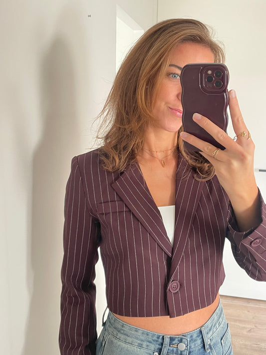 Burgundy cropped blazer met krijtstreep - By LIV Fashion