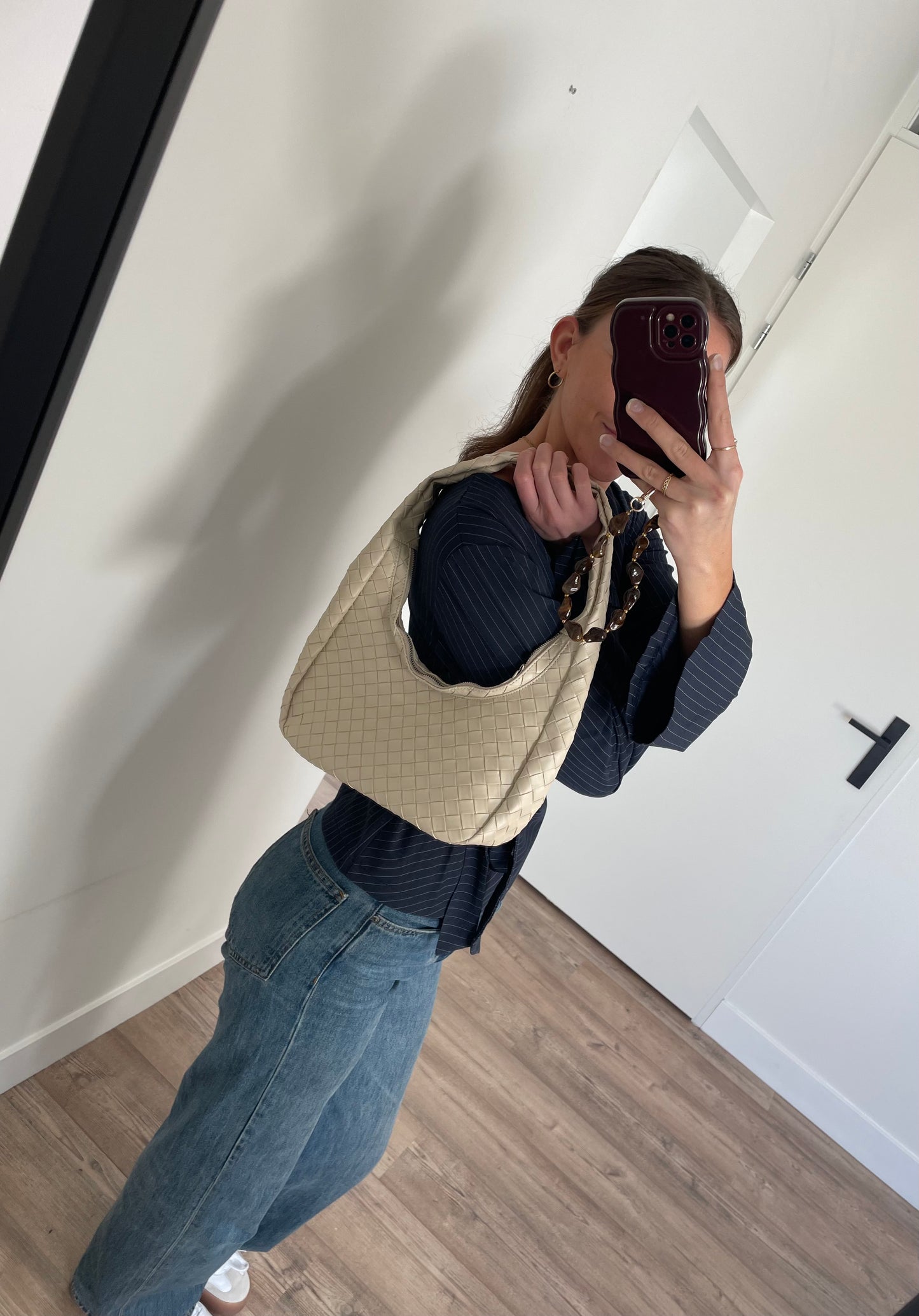 Beige tas gevlochten in PU leer - Dames tassen