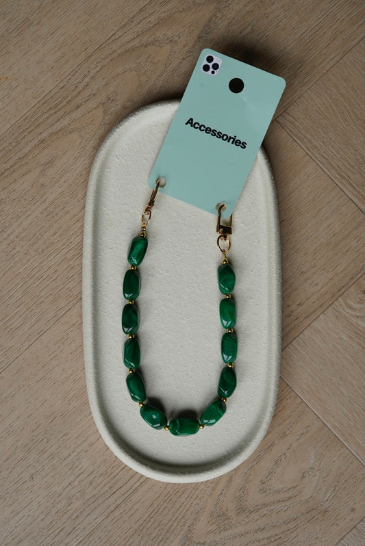 Telefoonkoord met groene bedels te bevestigen aan ieder type hoesje