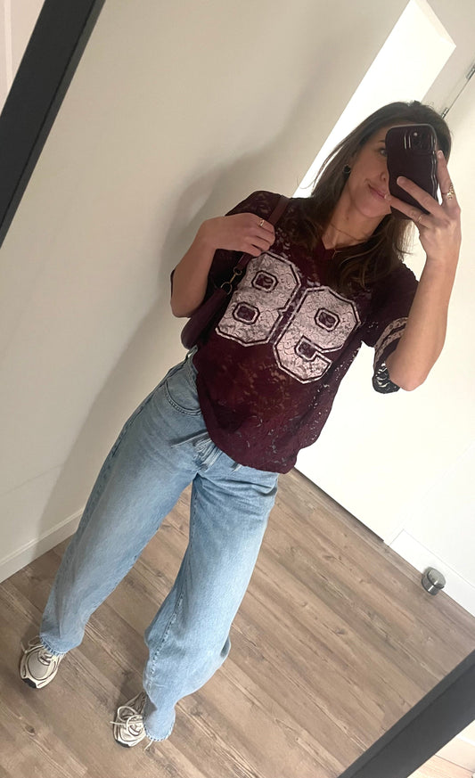 Baseball T-Shirt van kant in het burgundy met roze opdruk
