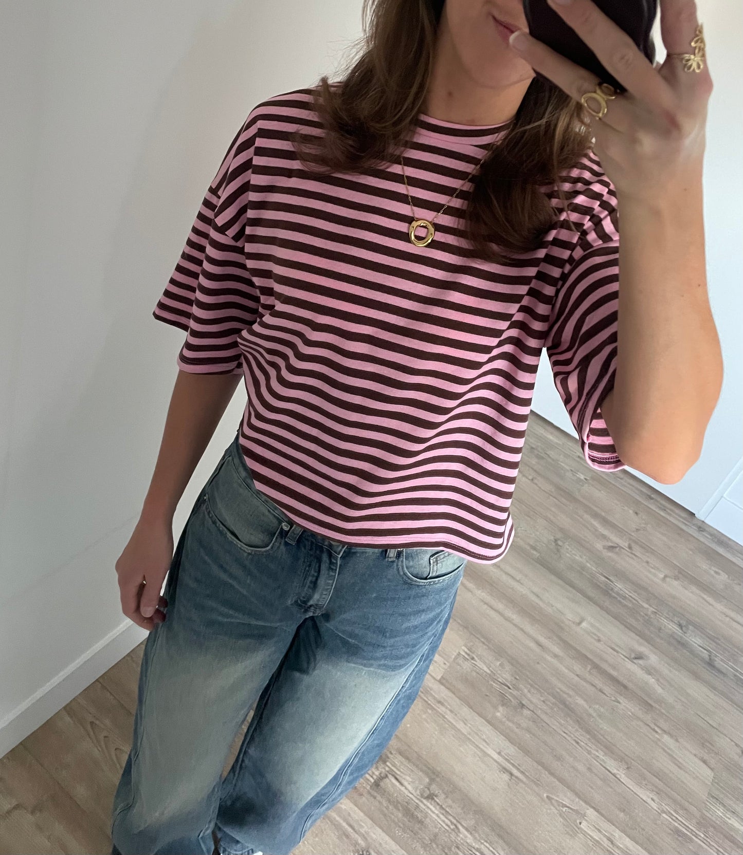 Bruin met roze strepen en korte mouwen T-Shirt van EIGHT PARIS