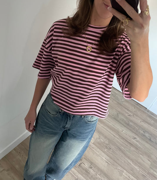 Bruin met roze strepen en korte mouwen T-Shirt van EIGHT PARIS