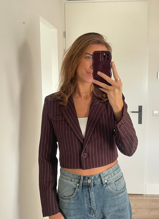 Burgundy cropped blazer met krijtstreep 