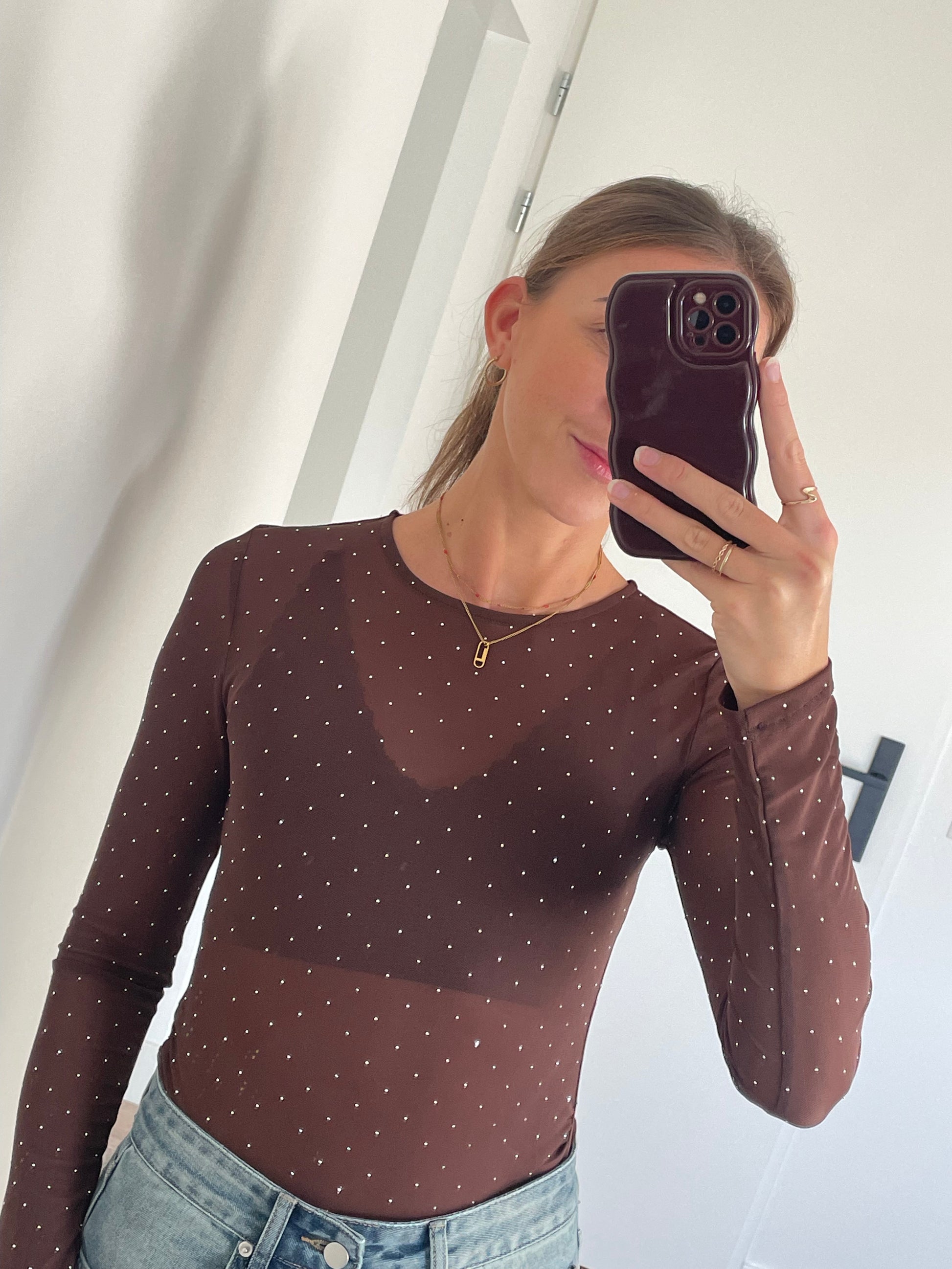 Donker bruine mesh top met diamantjes - By LIV Fashion - Eight Paris
