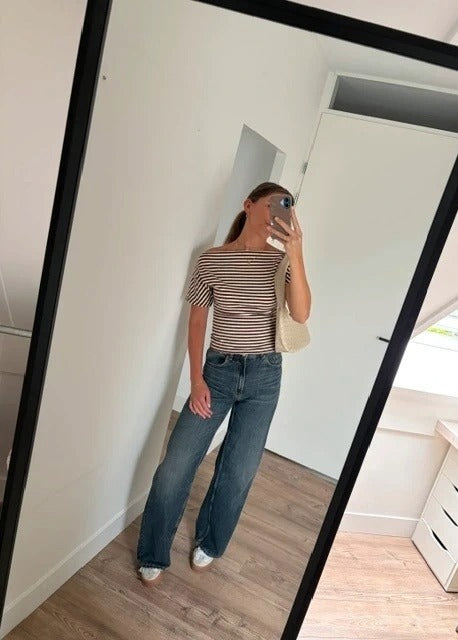 Gestreepte zomerse top bruin crème outfit