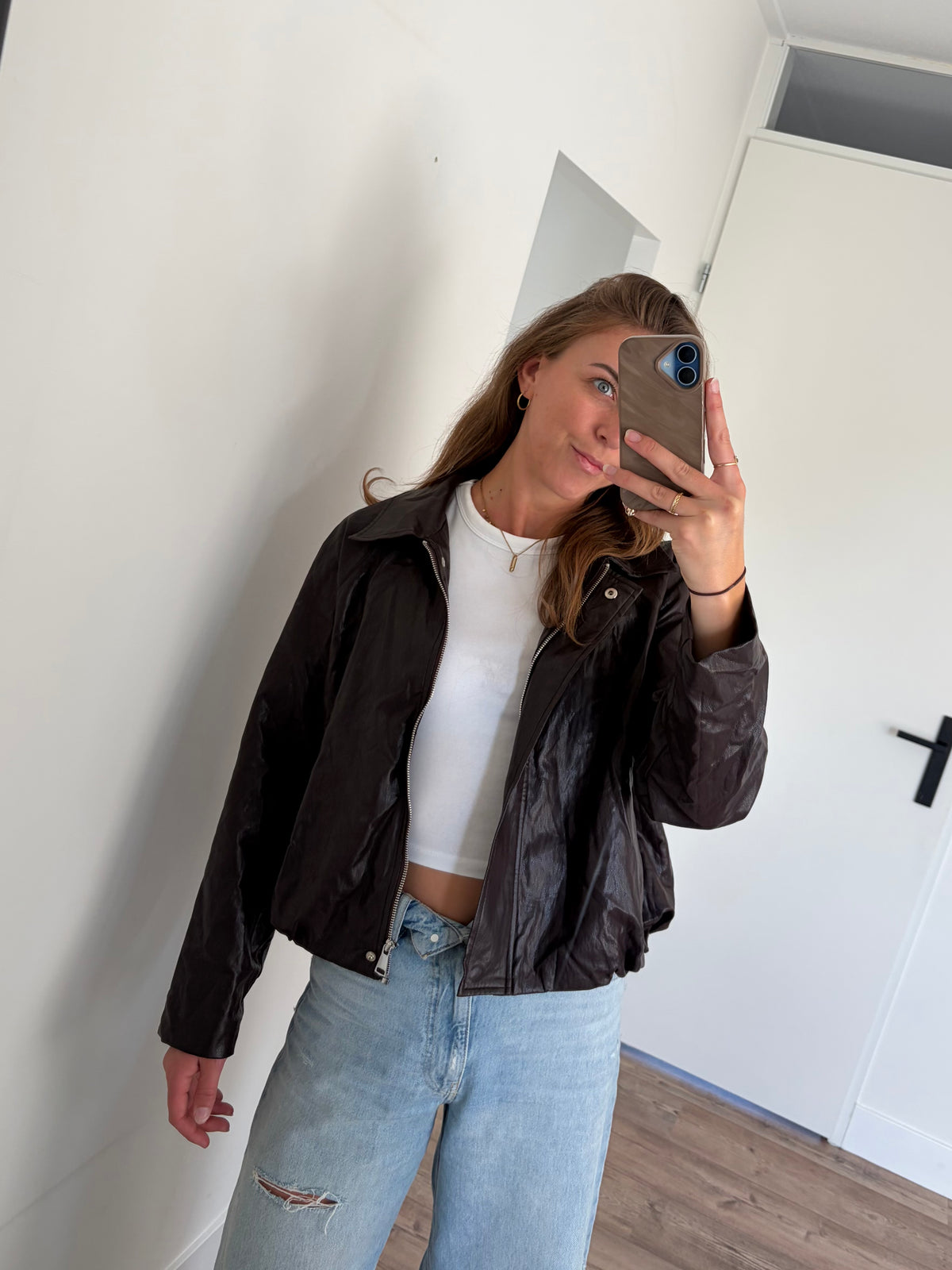 Bruin leren look bomber jack voor de herfst voor dames  