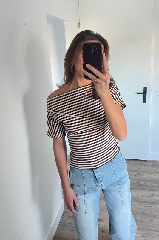 Gestreepte off shoulder top met korte mouwen en bruin creme strepen - EIGHT PARIS