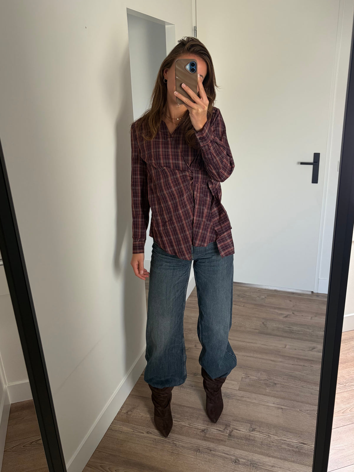 Violet geruite oversized blouse met burgundy en lichtroze tinten