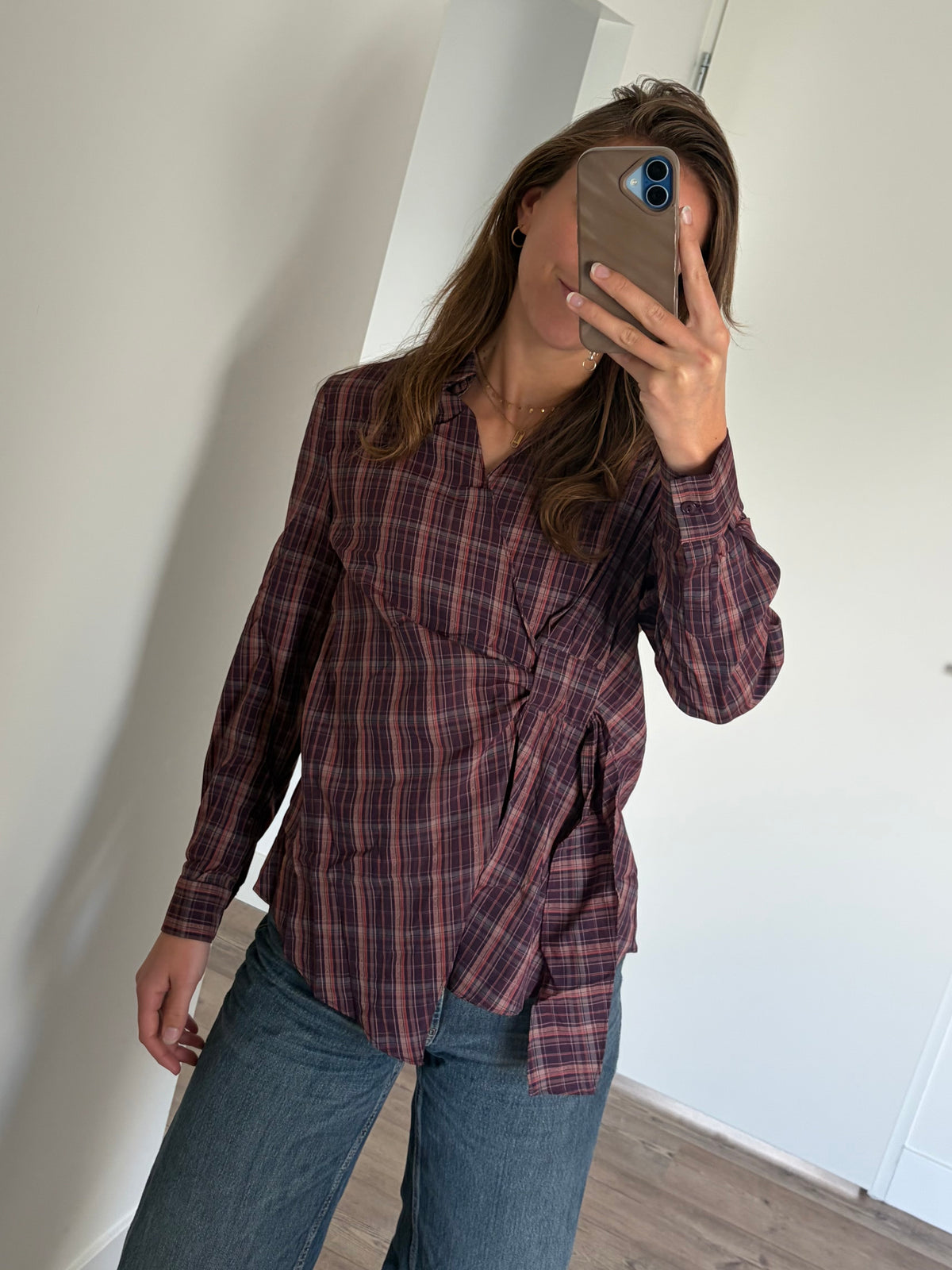 Paarse geruite blouse met strik dames 