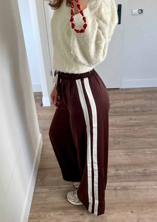 Satin look pin stripe broek - donkerbruin met wit 