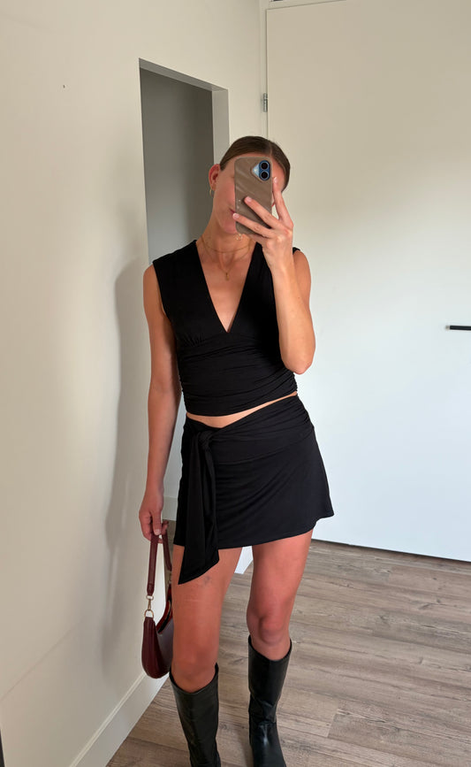 zomerse matching set dames zwart met strikdetail